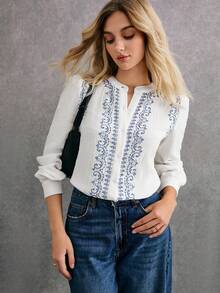 Poéselle Women Elegant Floral Print Puff Sleeve Single Breasted Blouse, Boho Vintage White And Blue Floral Long Style Women's Autumn Western Tops Shirts - White - View 4