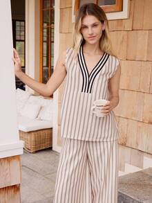 Doze Lane Set Piyama Wanita Kasual Tanpa Lengan dengan Leher V dan Motif Garis-Garis Digital - MultiWarna - View 5