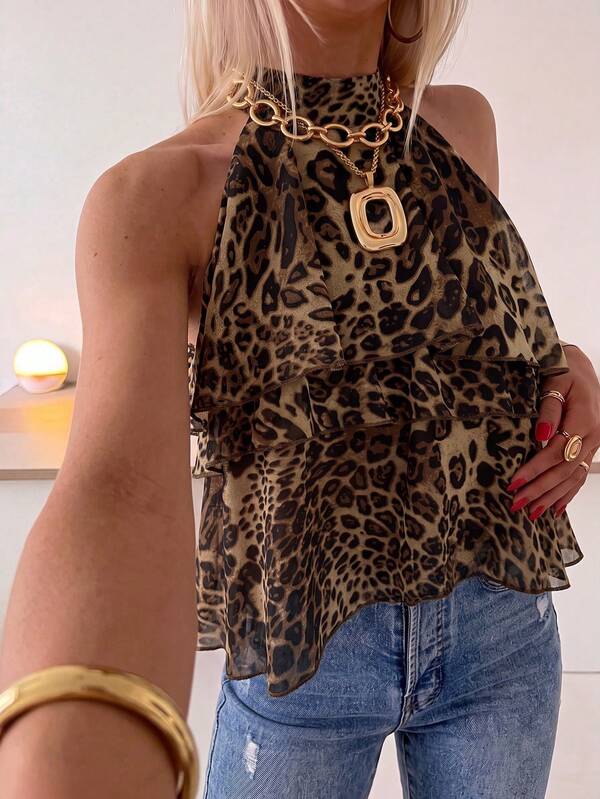 Firerie Blusa de mujer de verano con estampado de leopardo, cuello halter, de gasa, sexy, casual, hombros descubiertos, sin mangas, con volantes, suelta, efecto adelgazante, corte en A