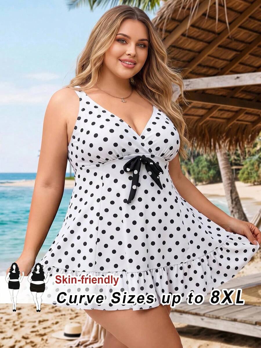 SHEIN CURVE+ 大尺碼女款黑白波點印花泳裙與泳褲套裝 - 黑與白 - 查看 1