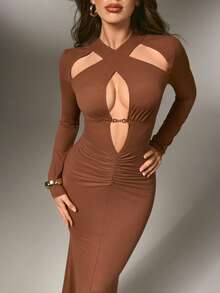 Nuvra Fashionable Sexy Solid Color Hollow Out Bodycon Dress - Brown - View 8