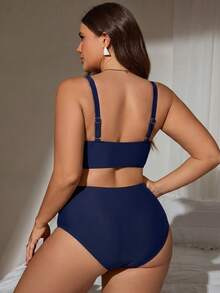 SHEIN Swim 2026夏季度假基本款極簡主義平口大尺碼女款泳衣套裝 - 藏蓝色 - 查看 2