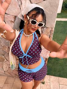 Swim Mod Plus Size Polka Dot Print Tankini Set - Multicolor - View 1