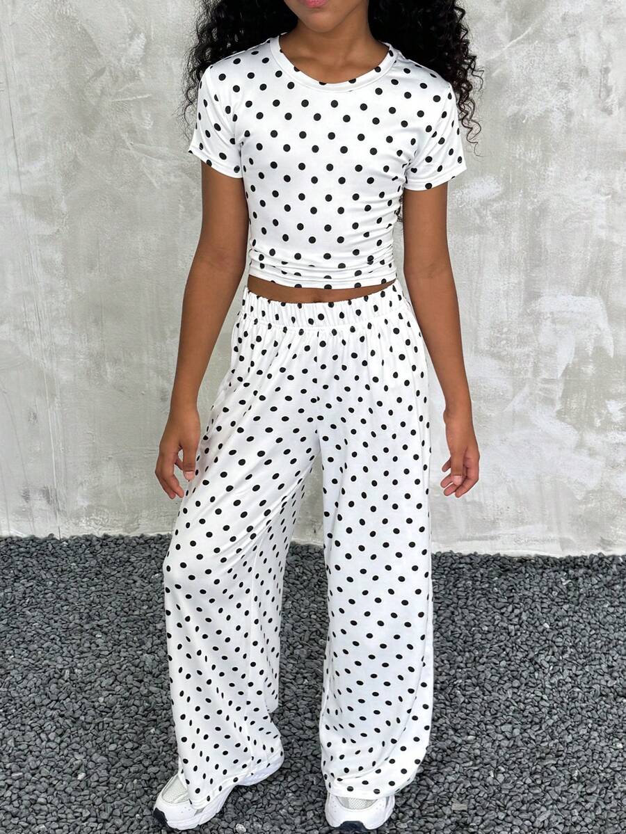 Tween Girls Summer New Polka Dot Print Tight Short Sleeve T-Shirt And Loose Sweatpants 2 Pieces Set - White - View 1