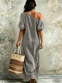 Linhara CURVE Plus Size Women's Asymmetric Neck Fashion Black And White Long Casual Boho Bohemian Dress Vacation Beach Summer - Black - View 2