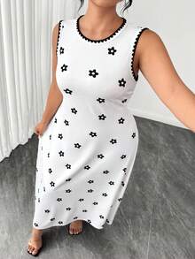 SHEIN Clasi Plus Size Women's Floral Print Round Neck Sleeveless Casual Cute Elegant Dress Brunch Dates White Summer - Black and White - View 4