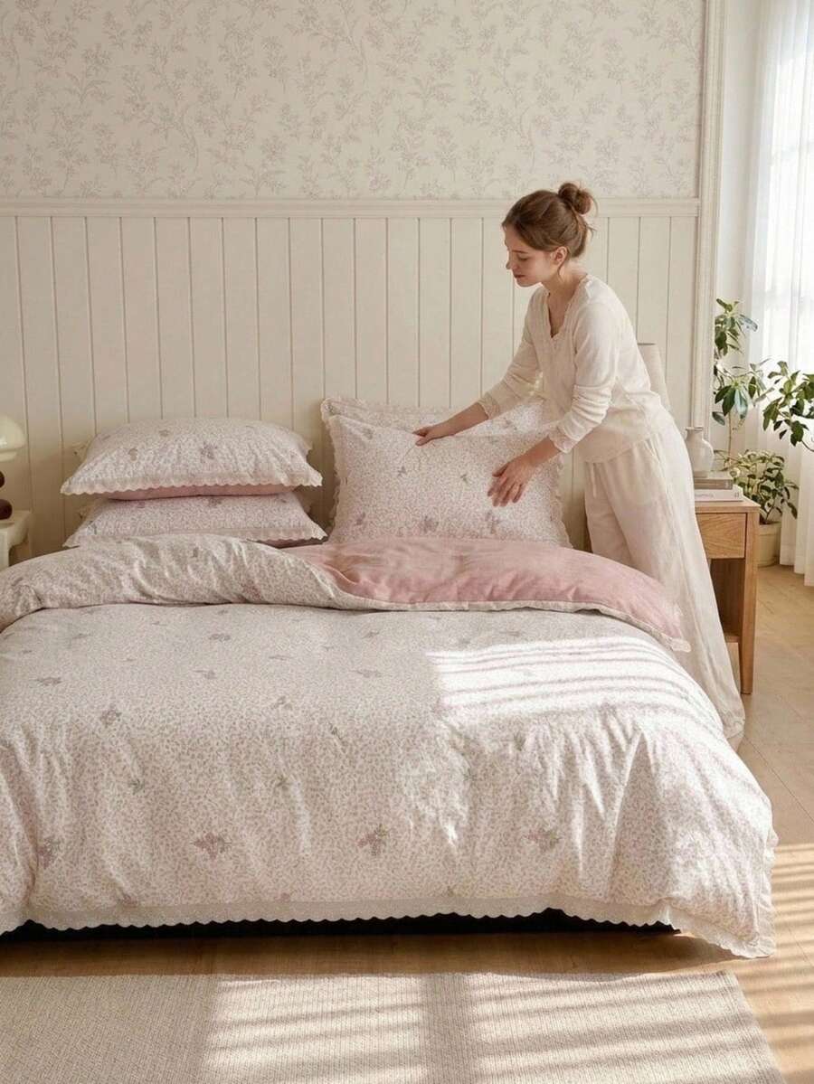 Cirelle 3er Set 2026 Neues koreanisches Spitzen-Bettwäscheset, ländliches Blumenmuster Reißverschluss-Bettbezugset, weiche atmungsaktive maschinenwaschbare Bettwäsche für Jungen Mädchen Wohnheim & Schlafzimmer zu Hause, 1 Bettbezug + 2 Kissenbezüge (ohne Laken & ohne Füllung) - Verschiedenfarbig - Übersicht 1