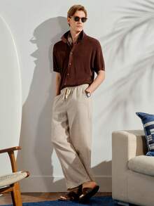 VeloEdit Men's Solid Color Drawstring Waist Pocket Casual Pants With Faux Linen Bamboo TextureFall Winter Old Money - Brown - View 7