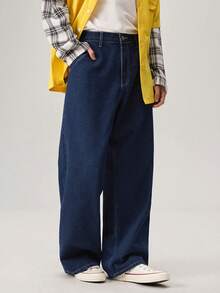 Men's Casual Everyday Letter Print Loose Wide-Leg Jeans - Medium Wash - View 5
