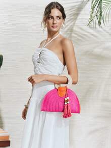 SHECARRY Ladies Round Wooden Arm Two-Color Straw Woven Handbag, Fashionable, Elegant, Simple ,  For Beach Holidays, Festivals, Summer Beach Party - Hot Pink - View 8