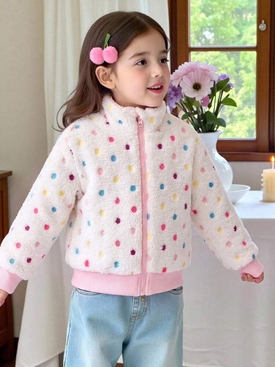 Elladie kids 1件少女甜美可愛波點毛絨拉鍊外套 厚款外套 適合日常休閒外出 春秋冬三季 - 白色 - 查看 1