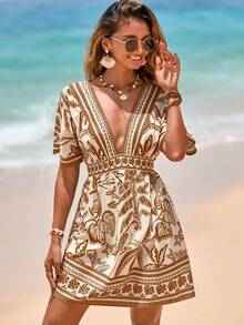 Swim Vcay Women's V-Neck Waist Cinched Short Sleeve Printed Dress, Beach Cover-Up For Spring/Summer Vacation - Khaki - View 7