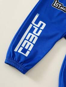 SHEIN 新生兒男嬰秋冬運動休閒拼色藍色字母印花長袖連身衣賽車連身衣藍色連身衣男嬰連身衣 - 彩色 - 查看 4