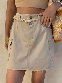 DAZY Summer Autumn Cotton High Waist Solid Color Washed Casual A-Line Slim Fit Contrast Stitching Khaki Women's Denim Skirt - Khaki - View 5