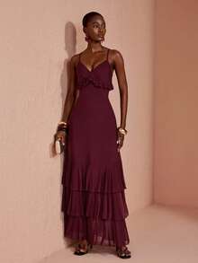 JIAN LASALA Red Mesh Adjustable Strap Sleeveless Ruffle Double Layers Long Dress Vacation Party Elegant - Burgundy - View 6