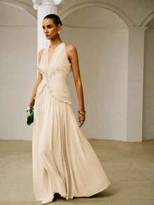 ZEYLAH Elegant Extra-Long Fitted Dress With Ruched Ruffle Hem, Spring/Summer - Apricot - View 6