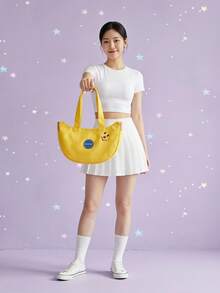 Joivida 1Pc/2Pcs New Cute Cartoon Embroidered Canvas Bag, Portable Handbag For Office & Daily Use - Yellow - View 2