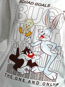 DrmWander LOONEY TUNES X SHEIN 大尺碼女款字母卡通印花休閒百搭日常出遊短袖T恤 - 白色 - 查看 7