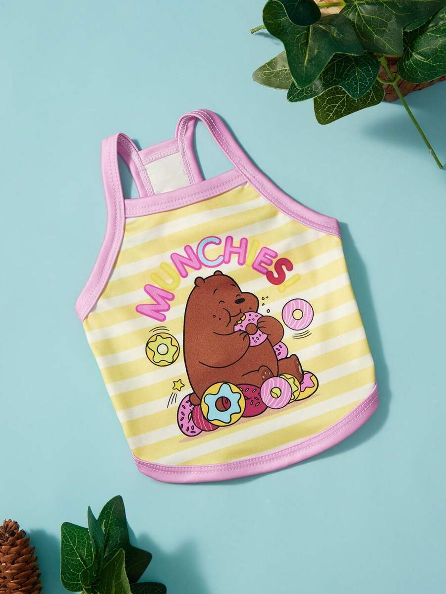 We Bare Bears X PETSIN 1件可愛棕熊吃甜甜圈字母寵物背帶背心 隨性風格 無袖 柔軟透氣 防毛寵物衣服 - 彩色 - 查看 1
