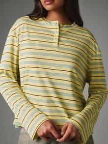 MISSGUIDED Oversized 2000s 70s Striped Long Sleeve Henley Crop Top With Button Detail Horizontal Multi-Color Casual Everyday Autumn Day Time Light Yellow - Multicolor - View 5