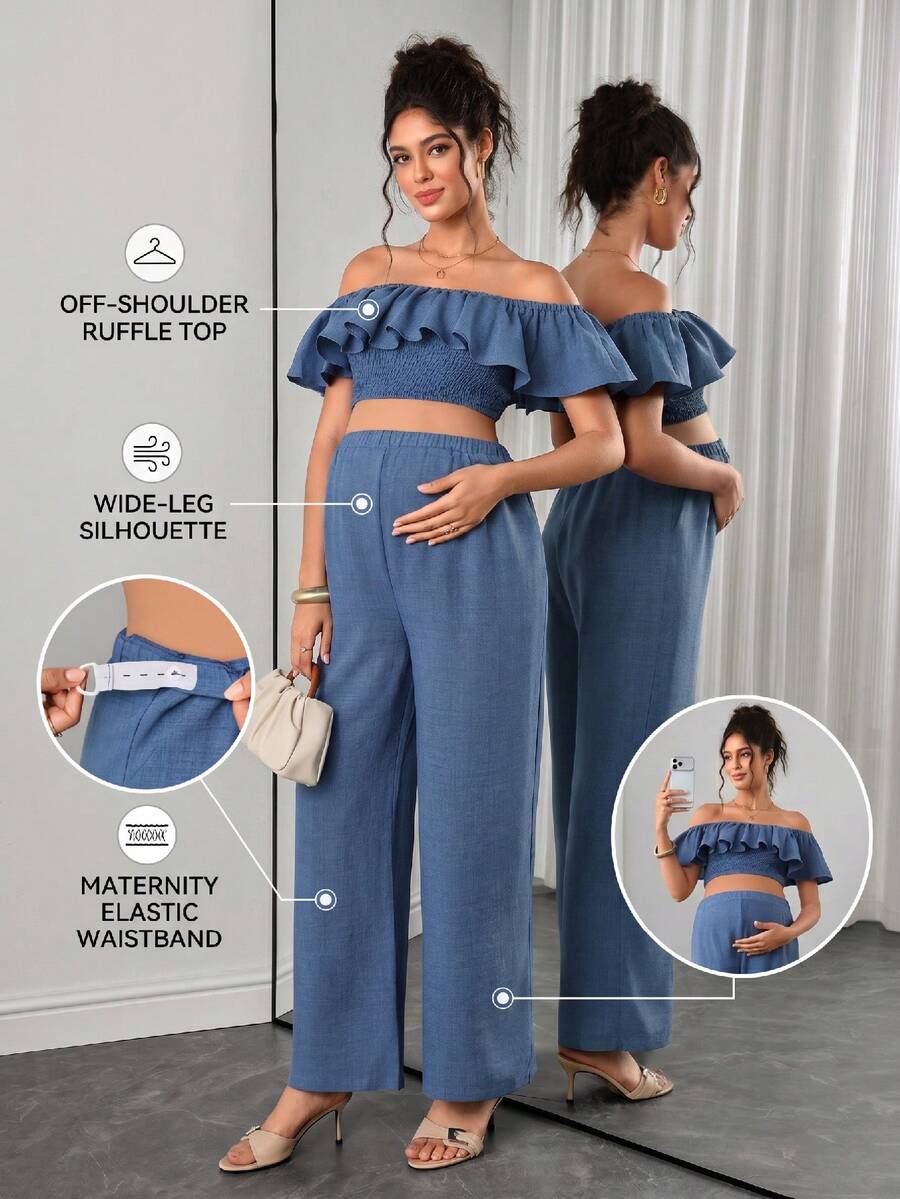 SHEIN Maternity Summer Casual Soft Form Ruffle Cropped Top And Long ...