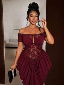 Maweii Plus Size Burgundy Off Shoulder Lace Dress With Hollow Bow Design And Pleated Gown - Red - View 7