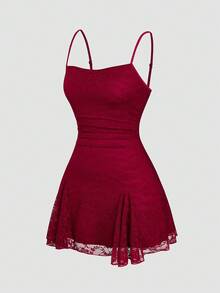 Sweetra Plus Size Romantic Lace A-Line Dress - Burgundy - View 1