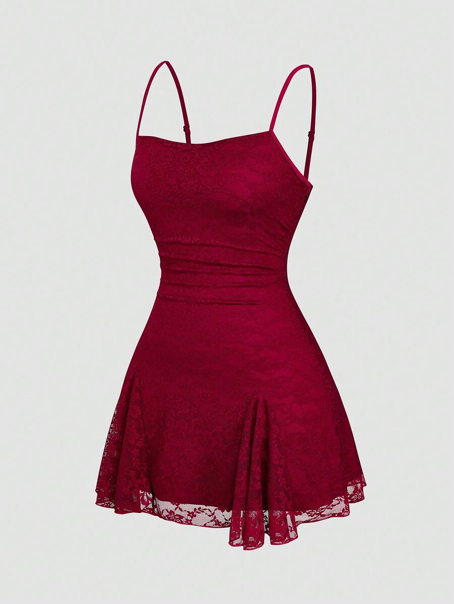 Sweetra Plus Size Romantic Lace A-Line Dress - Burgundy - View 1