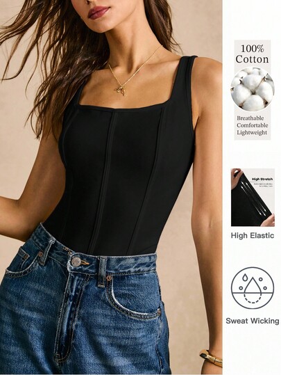 Poéselle Solid Seam Front Tank Top, Summer Clothes, All Black, Square Neck, Short Women Top