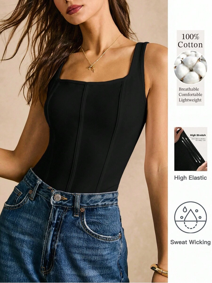 Poéselle 純色前縫線方領短版女款背心上衣,黑色,夏季日常通勤辦公、夜晚外出的基本款簡約性感端莊上衣 - 黑色 - 查看 1