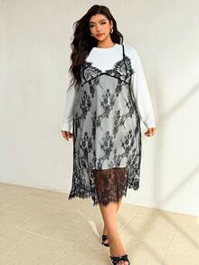 Auralis Autumn Elegant Black Lace Camisole Dress Eyelash-Trimmed Placement White Loose-Fit Long-Sleeve Crew-Neck T-Shirt Birthday Date Night Morning - Black and White - View 5