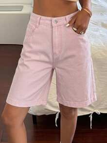 Livesso 夏季豹紋女款牛仔棉休閒短褲 - 粉色 - 查看 5