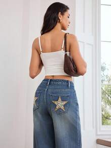 SHEIN New Casual Washed Vintage Star Embroidery Decorated Mid-Waist Straight Leg Denim Jeans, Suitable For Daily Casual, Street Style, Y2K Vintage, Campus, Back To School - Medium Wash - View 5