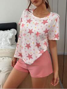 Dream Adore Women's Star Print Short Sleeve Top And Solid Color Shorts Pajama Set - Multicolor - View 1