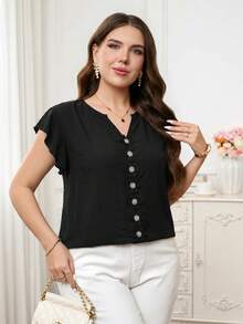 Reflora Blusa suelta de manga corta con textura, patchwork, volantes y encaje para mujer de talla grande, primavera/verano - Negro - Ver 7