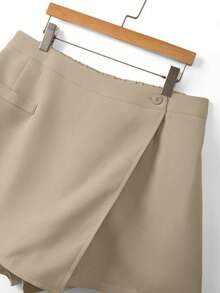 GlowEve CURVE Plus Size Women's Summer New Woven Gray Slimming Ruched A-Line 2 In 1 Faux Pocket Button Decor Design Shorts, Fitness Formal Office Sports - Khaki - View 7