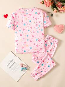 SHEIN Tween女孩休閒極簡發光獨角獸修身舒適圓領短袖長褲居家服，適合四季穿著 - 彩色 - 查看 5