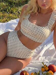Swim Mod Plus Size Women's Summer Beach Polka Dot Print Ruffle Fashion Bikini Set - Multicolor - View 4