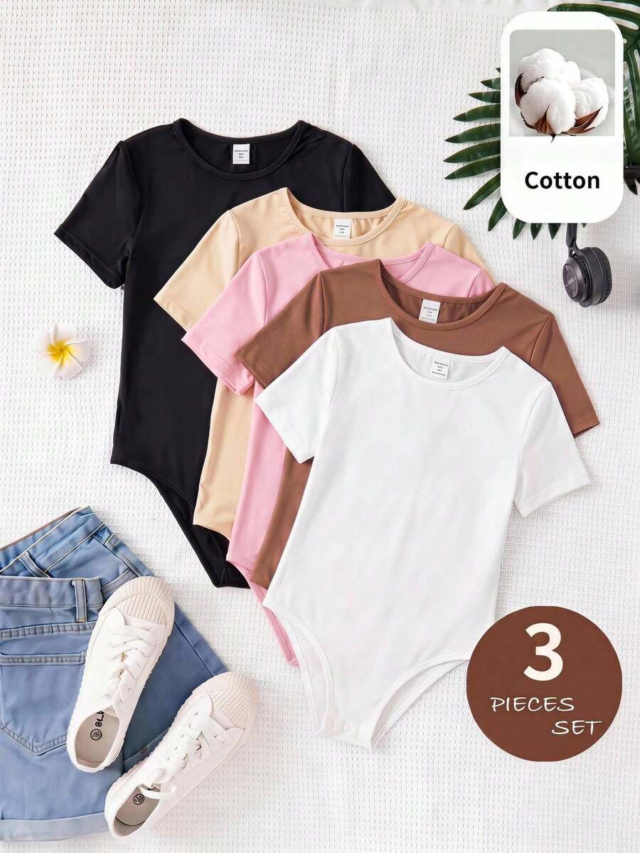 SHEIN 3pcs Tween Girls' Solid Color Knit Crew Neck Fitted Casual Jumpsuit Set - Multicolor - View 1