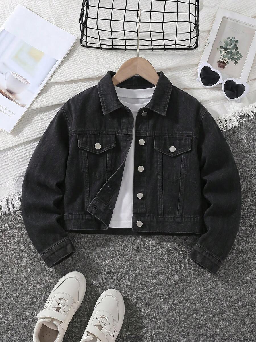 Sparklyn Tween Girls Y2K Style Denim Jacket, Spring/Autumn/Winter, Light Blue Denim With White Pearl Embellishment, Fitted Cut, Comfortable And Soft Fabric, Suitable For Daily Wear, School And Commuting - Black - View 1