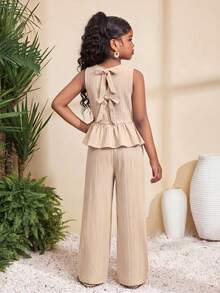 SHEIN 2pcs/Set Atasan Tank Top dan Legging Kasual Warna Aprikot dengan Leher Bulat dan Kain Bertekstur serta Pita di Belakang untuk Anak Perempuan Usia 8-12 Tahun - Aprikot - View 6