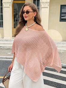 Easura 女款春夏秋時尚休閒不對稱鏤空露肩寬鬆顯瘦大尺碼長袖套頭針織衫，外出上衣，海灘度假穿搭 - 粉色 - 查看 7