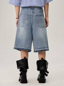 Pantalones cortos de mezclilla lavada con bordado para hombres, de moda - Azul - Ver 3