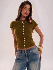 SHEIN BAE Regular Women's Button Knit Top - Green - View 9