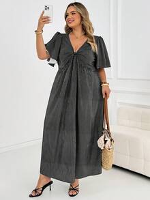 SHEIN CURVE+ 大尺碼 US22 音樂節海灘度假波希米亞風休閒優雅 V 領收腰 A 字版型飄逸女款中長洋裝 - 彩色 - 查看 4