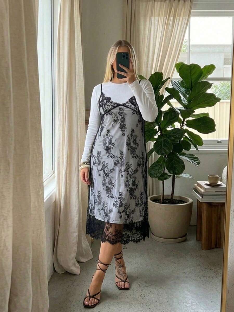 Auralis Autumn Elegant Black Lace Camisole Dress Eyelash-Trimmed Placement White Loose-Fit Long-Sleeve Crew-Neck T-Shirt Birthday Date Night Morning
