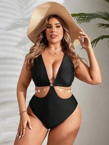 Swim Lushoire Plus Size Solid Color Hollow Chain Decorated One-Piece Swimsuit Summer - Black - View 5