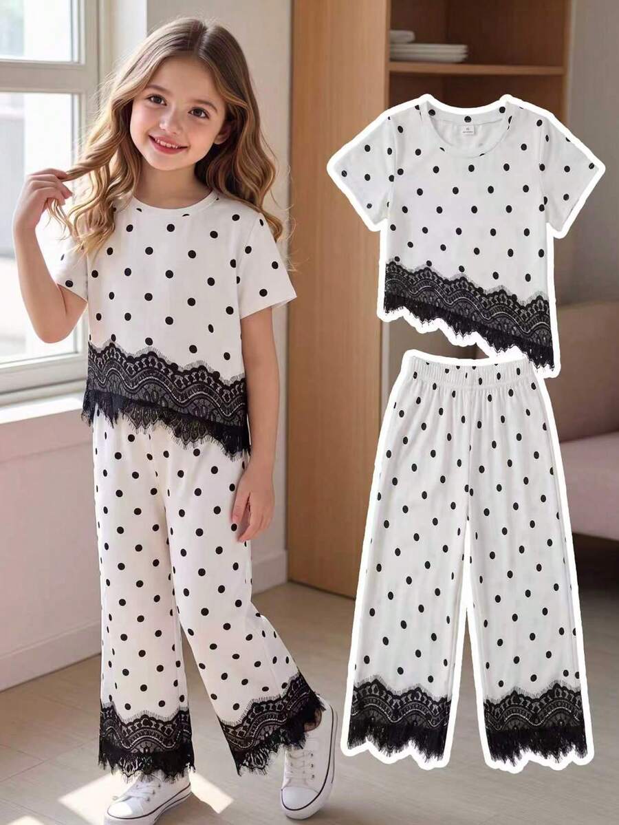 SHEIN Elladie kids 2件組女童復古甜美風黑白波點套裝，不對稱下擺蕾絲飾邊圓領短袖T恤，搭配波點蕾絲直筒長褲，適合日常/外出場合，春季/夏季/四季皆宜