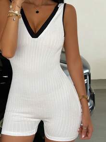 Livesso Women's Colorblock V-Neck Sleeveless Romper Loungewear - White - View 4