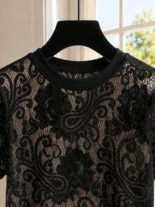 GlowEve Camiseta blanca de encaje floral de anacardo con manga corta transparente, top de malla con cuello redondo y diseño calado, estilo francés suave y elegante, apto para uso diario, ir al trabajo, citas y capas, adecuado para múltiples escenas, ligero para primavera/verano, diseño de hombros favorecedor con ajuste holgado - Negro - Ver 4